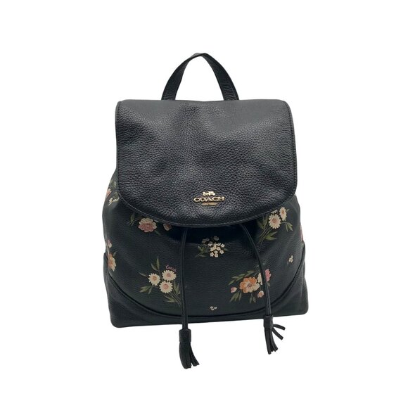 Coach Black Pebbled Leather Elle Floral Backpack F73054 - Picture 1 of 11